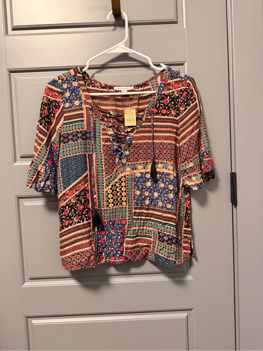 American Eagle Outfitters Multi-Color Patchwork Lace-Up Blouse XS NWT